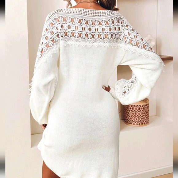 LadSolid Color Hollow-Out Elegant Lace Knit Sweater Dress - Picture 2 of 6